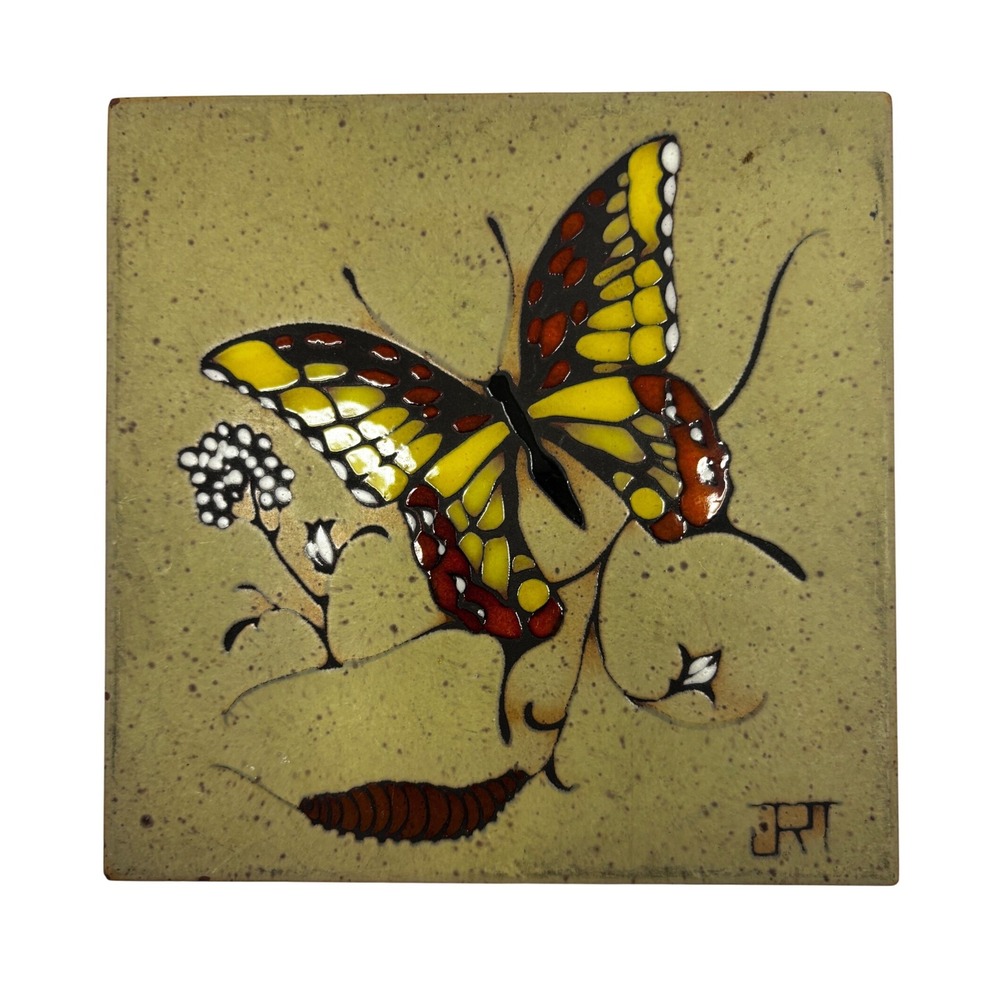 Vtg Cleo Teissedre Butterfly Ceramic Tile Trivet Wall Decor Hand Glazed 6x6 Art